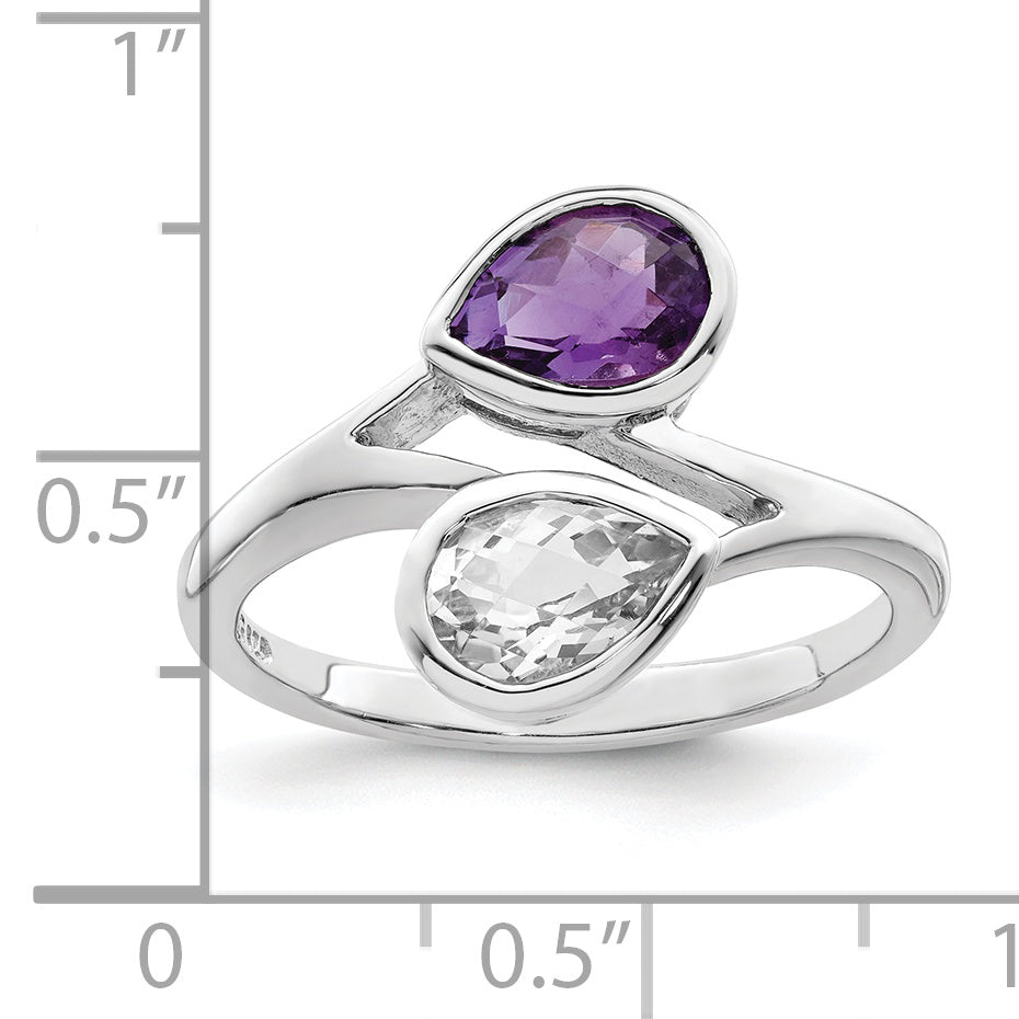 Sterling Silver Rhodium-plated Pear Shape Amethyst & White Topaz Ring