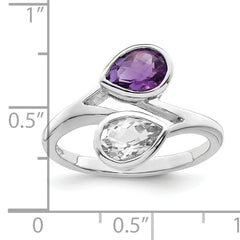 Sterling Silver Rhodium-plated Pear Shape Amethyst & White Topaz Ring