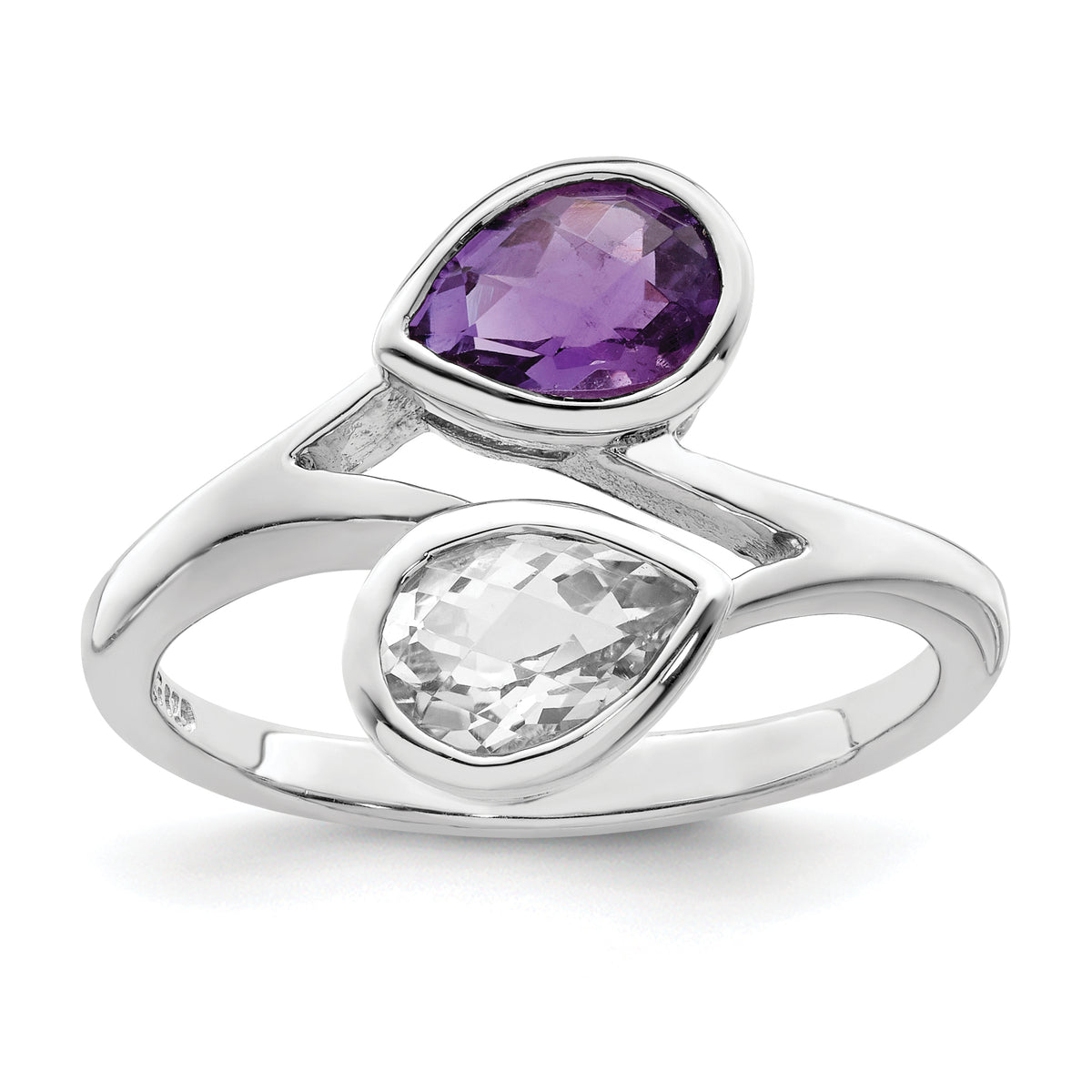 Sterling Silver Rhodium-plated Pear Shape Amethyst & White Topaz Ring