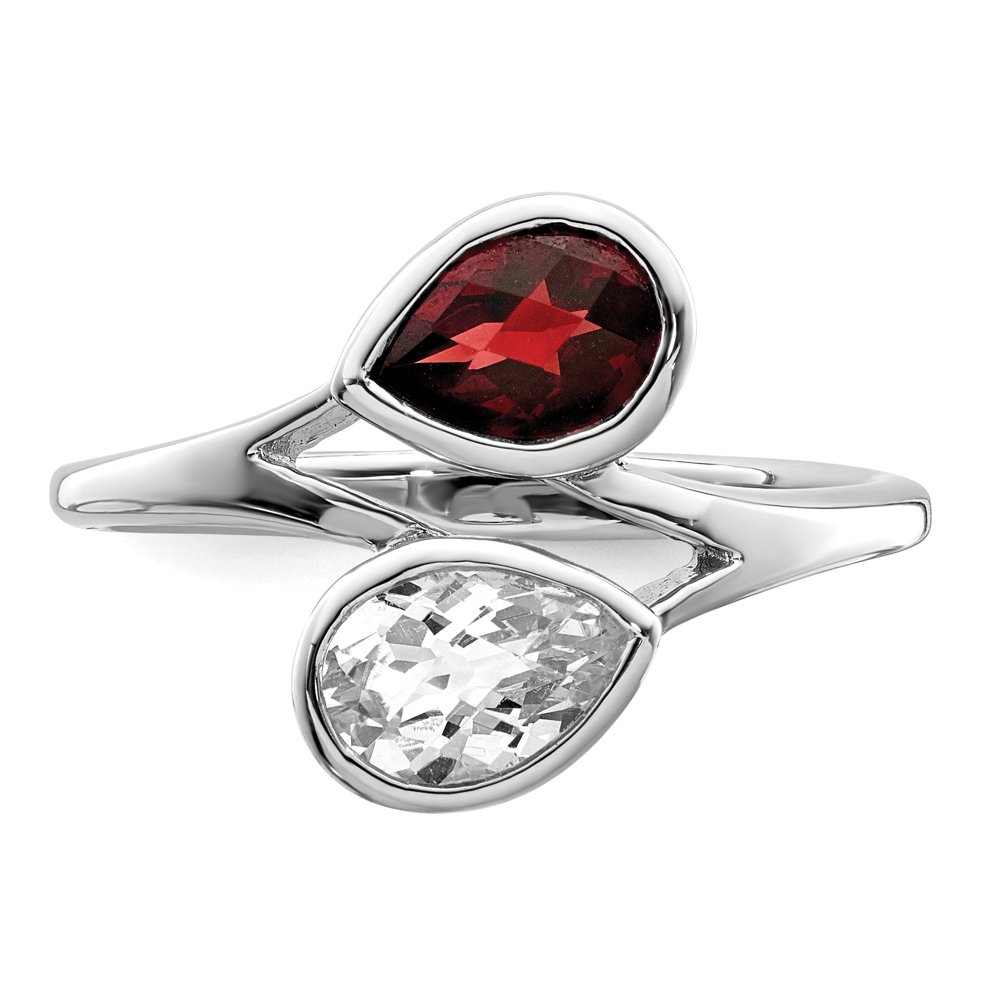 Sterling Silver Rhodium-plated Polished Garnet & White Topaz ByPass Ring