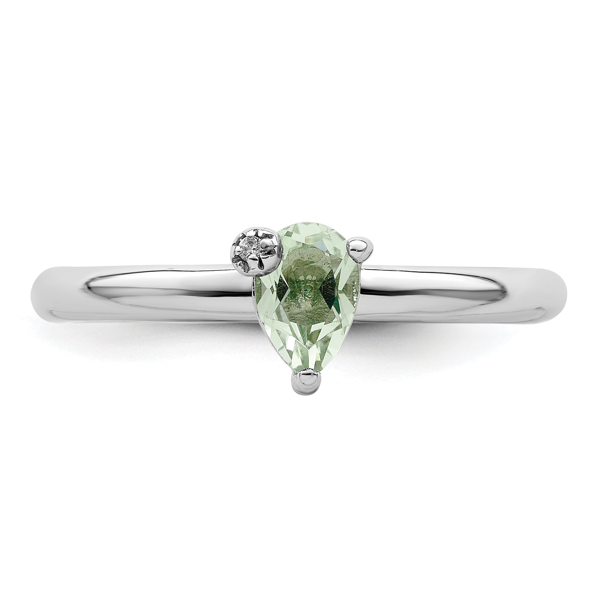 Sterling Silver Rhodium-plated Pear Green Quartz & White Topaz Ring