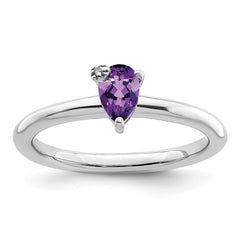 Sterling Silver Rhodium-plated Polished Pear Amethyst & White Topaz Ring