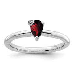 Sterling Silver Rhodium-plated Polished Pear Garnet & White Topaz Ring