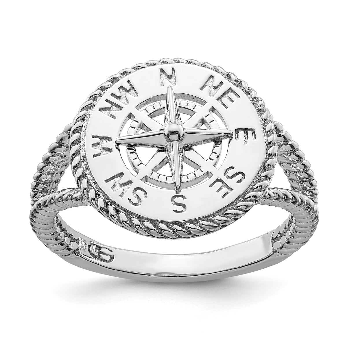 De-Ani Sterling Silver Rhodium-Plated Polished Compass with Rope Trim Ring