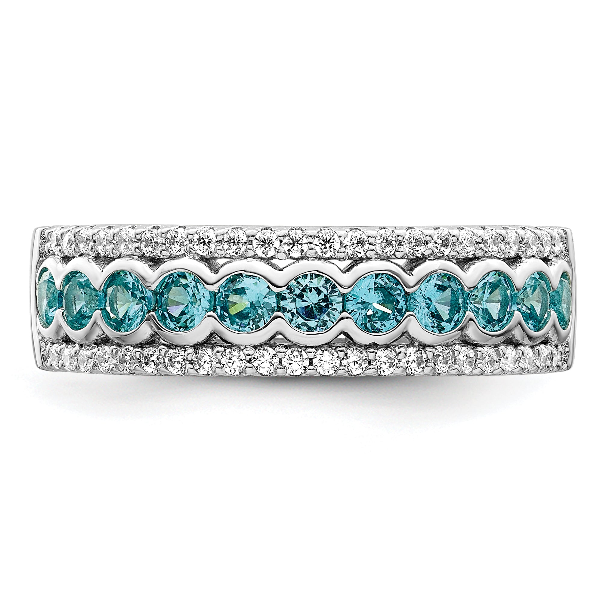 Sterling Silver Rhodium plated Aqua & White CZ Band