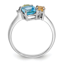 SS Rh Lt.Swiss Blue Topaz/ White Topaz and Peridot and Citrine Ring