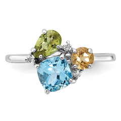 SS Rh Lt.Swiss Blue Topaz/ White Topaz and Peridot and Citrine Ring