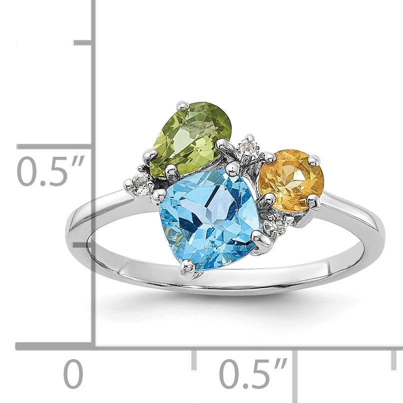 SS Rh Lt.Swiss Blue Topaz/ White Topaz and Peridot and Citrine Ring