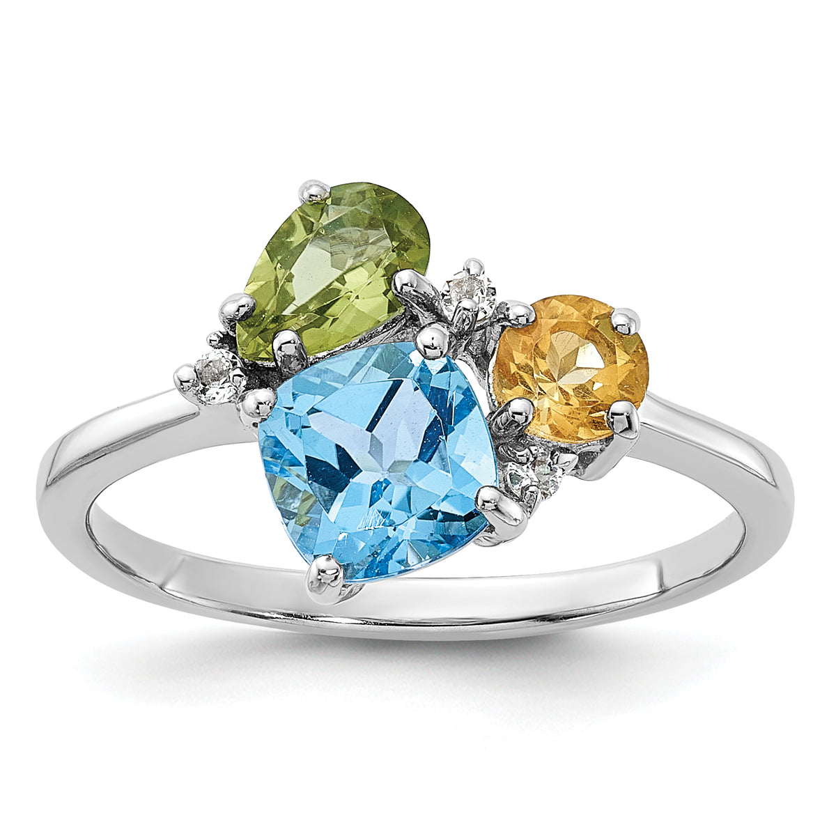 SS Rh Lt.Swiss Blue Topaz/ White Topaz and Peridot and Citrine Ring