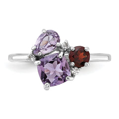 SS Rhodium Amethyst Pk Quartz Garnet and White Topaz Ring