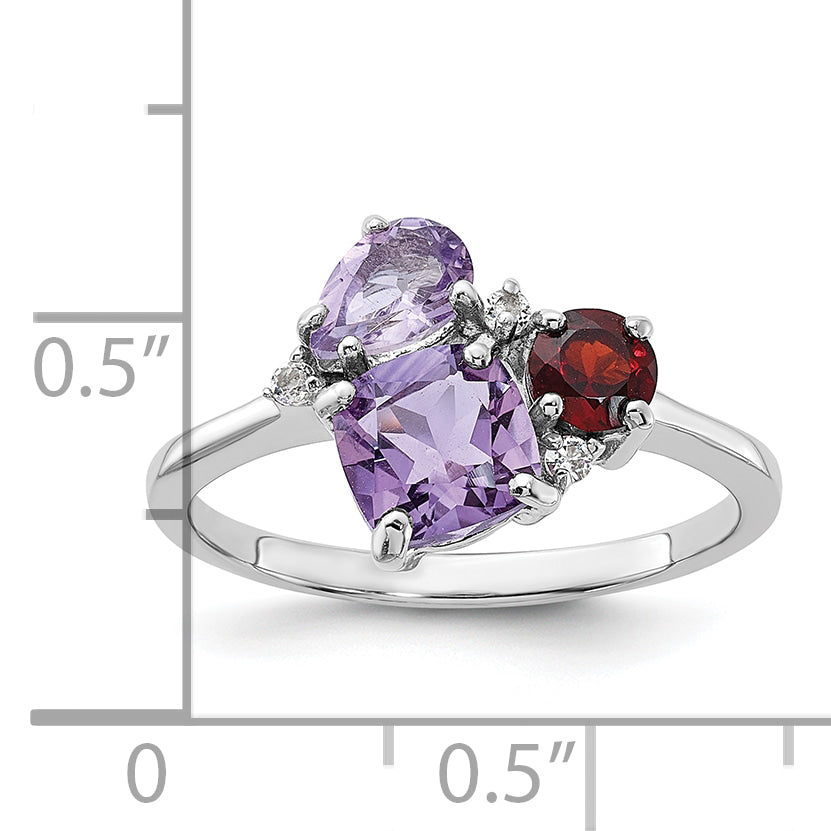 SS Rhodium Amethyst Pk Quartz Garnet and White Topaz Ring