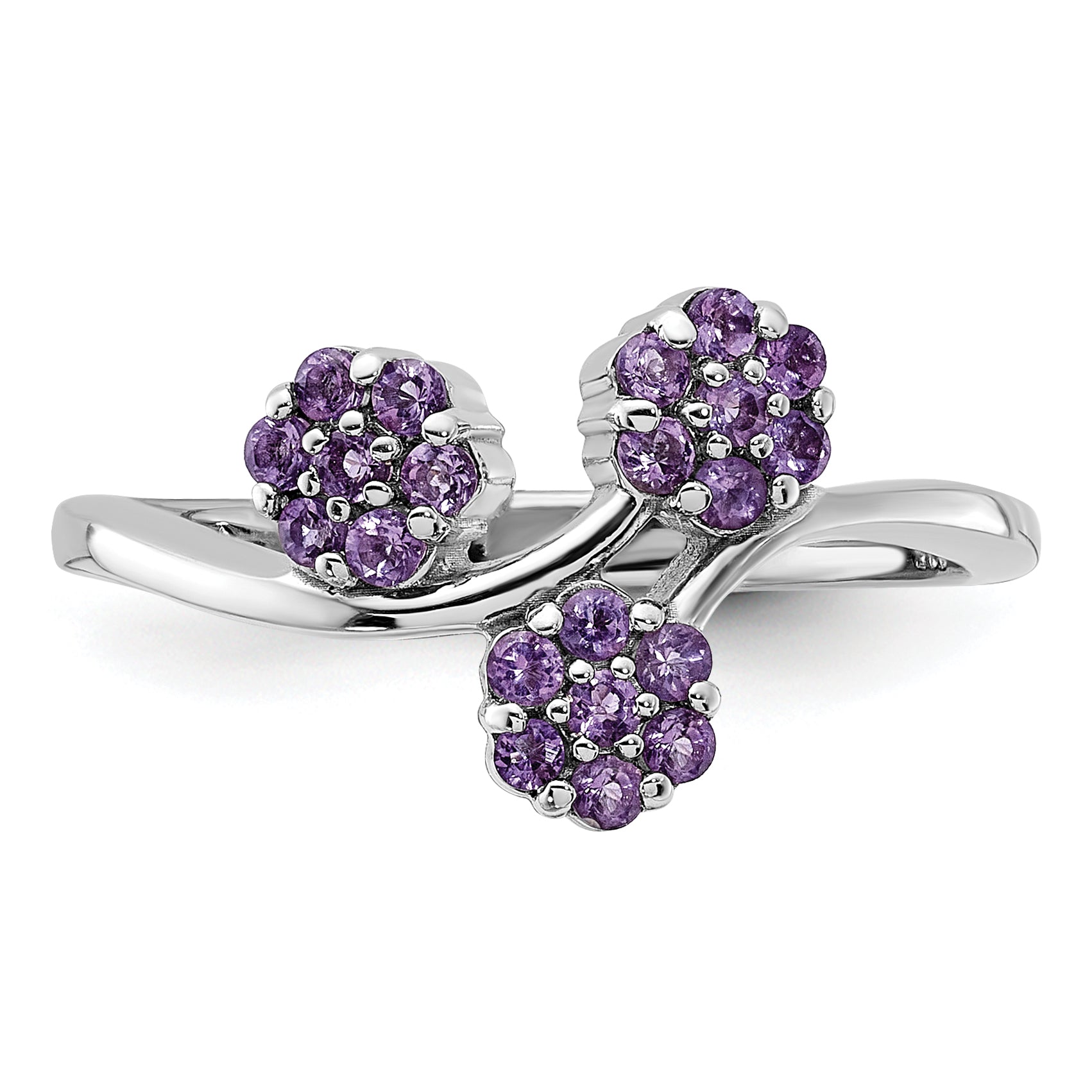 Sterling Silver Rhodium-plated Amethyst Flowers Ring