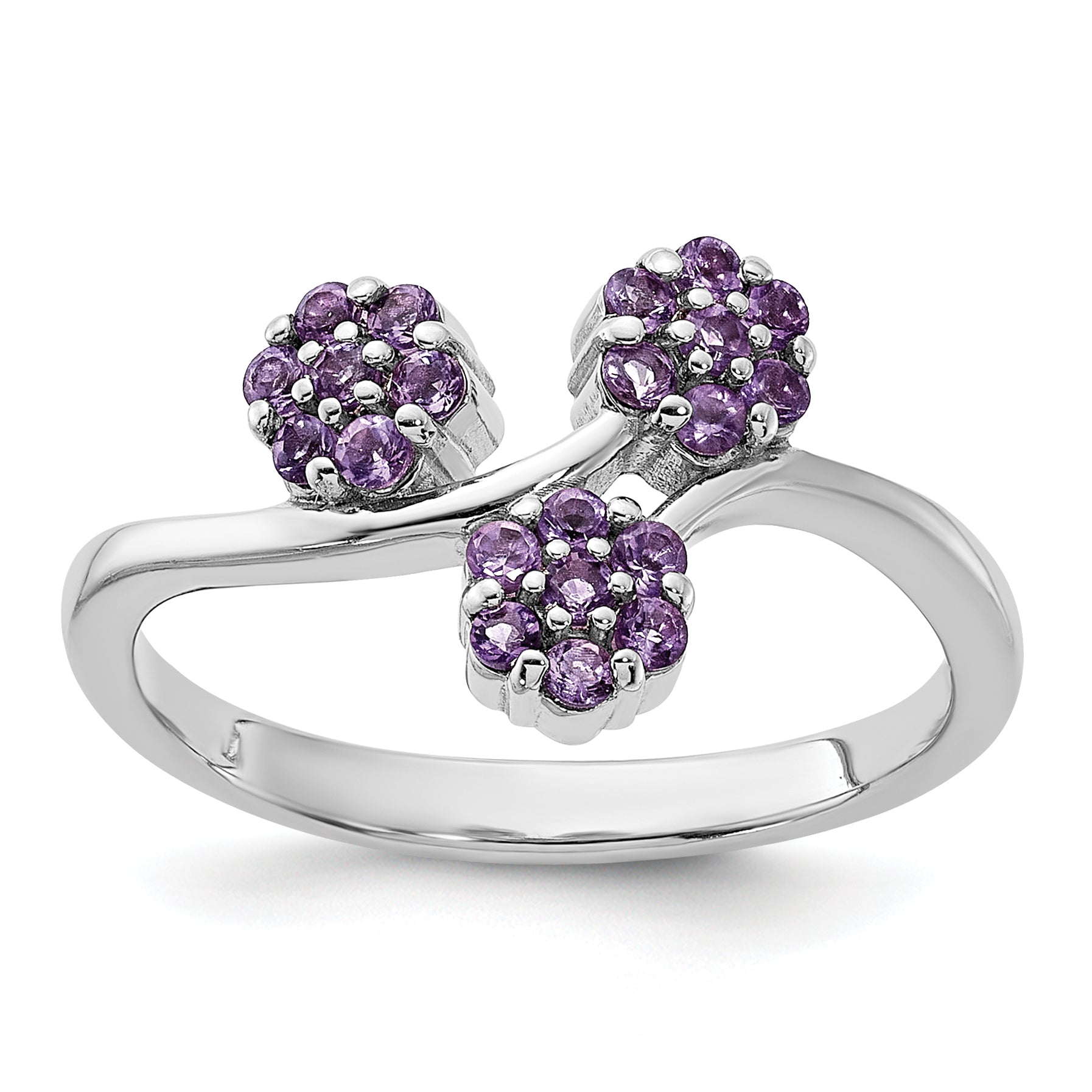 Sterling Silver Rhodium-plated Amethyst Flowers Ring