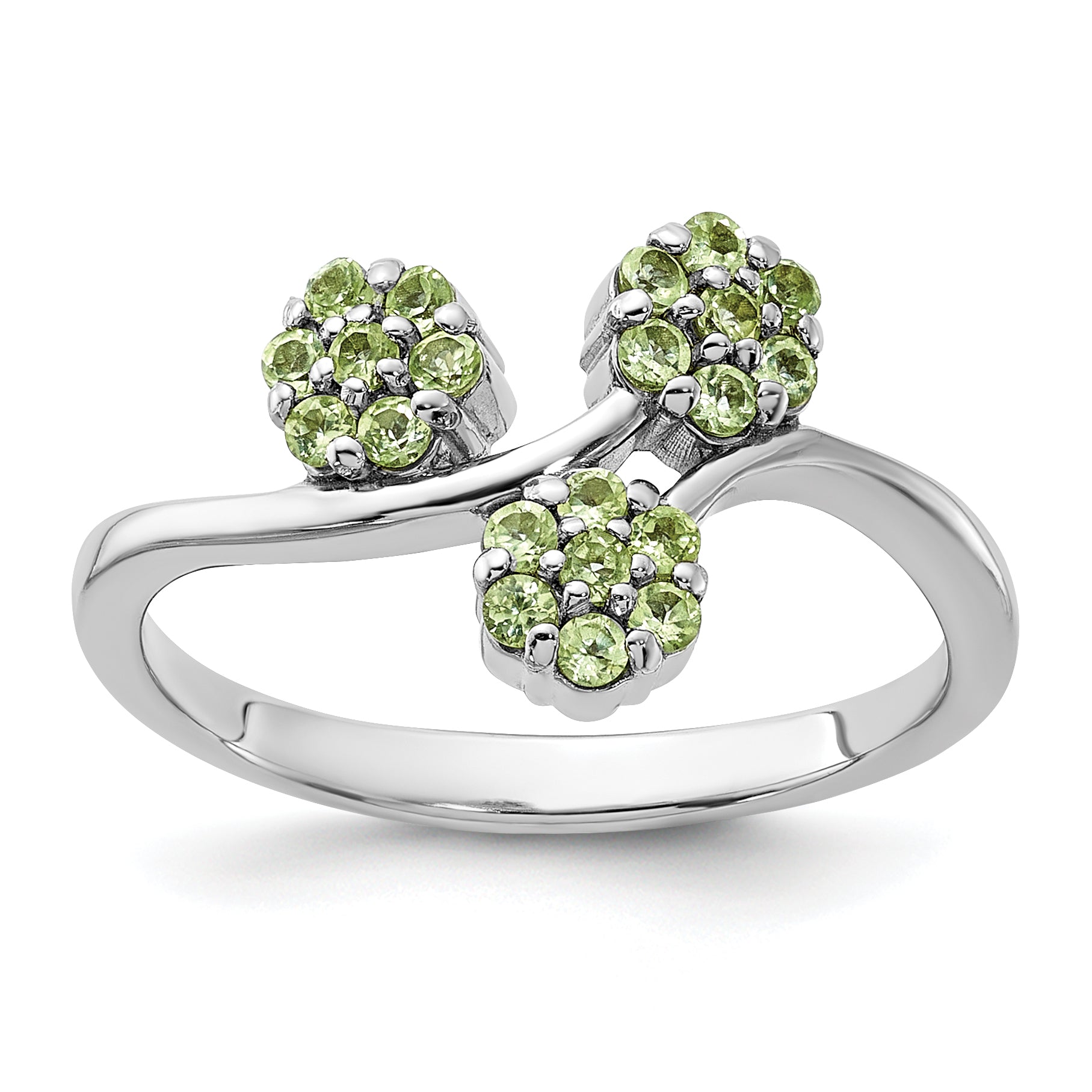 Sterling Silver Rhodium-plated Peridot Flowers Ring