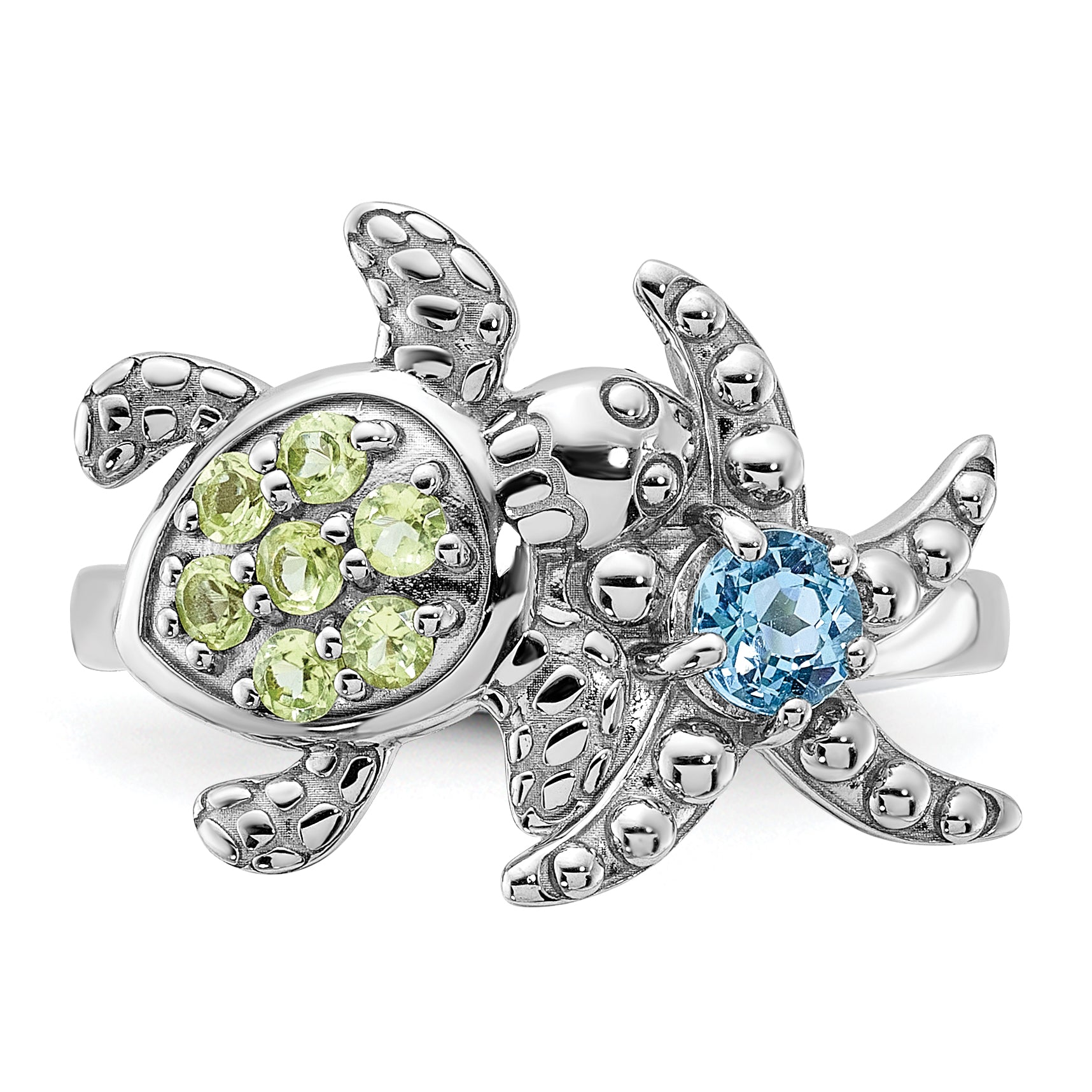 Sterling Silver Rh-plated Peridot / Lt Swiss Blue Topaz Turtle and Starfish