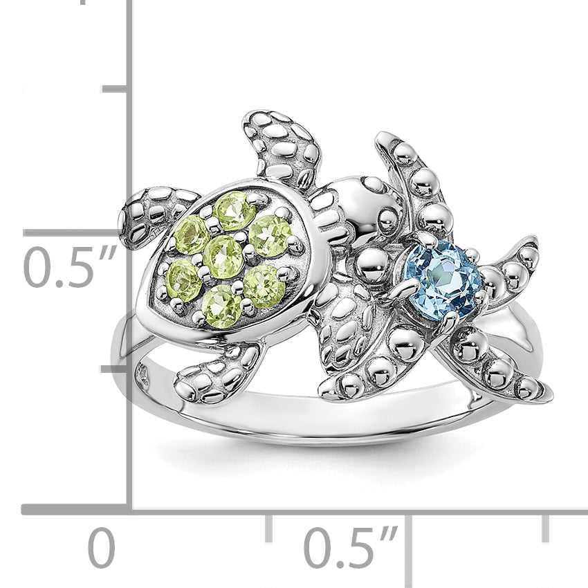 Sterling Silver Rh-plated Peridot / Lt Swiss Blue Topaz Turtle and Starfish