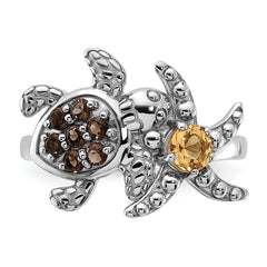 Sterling Silver Rh-plated Smoky Quartz and Citrine Turtle and Starfish Ring