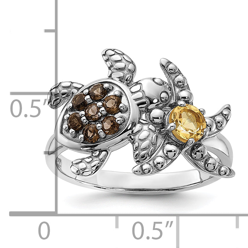 Sterling Silver Rh-plated Smoky Quartz and Citrine Turtle and Starfish Ring