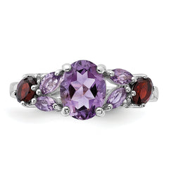 Sterling Silver Rh-plated Amethyst Pk Quartz Garnet and White Topaz Ring