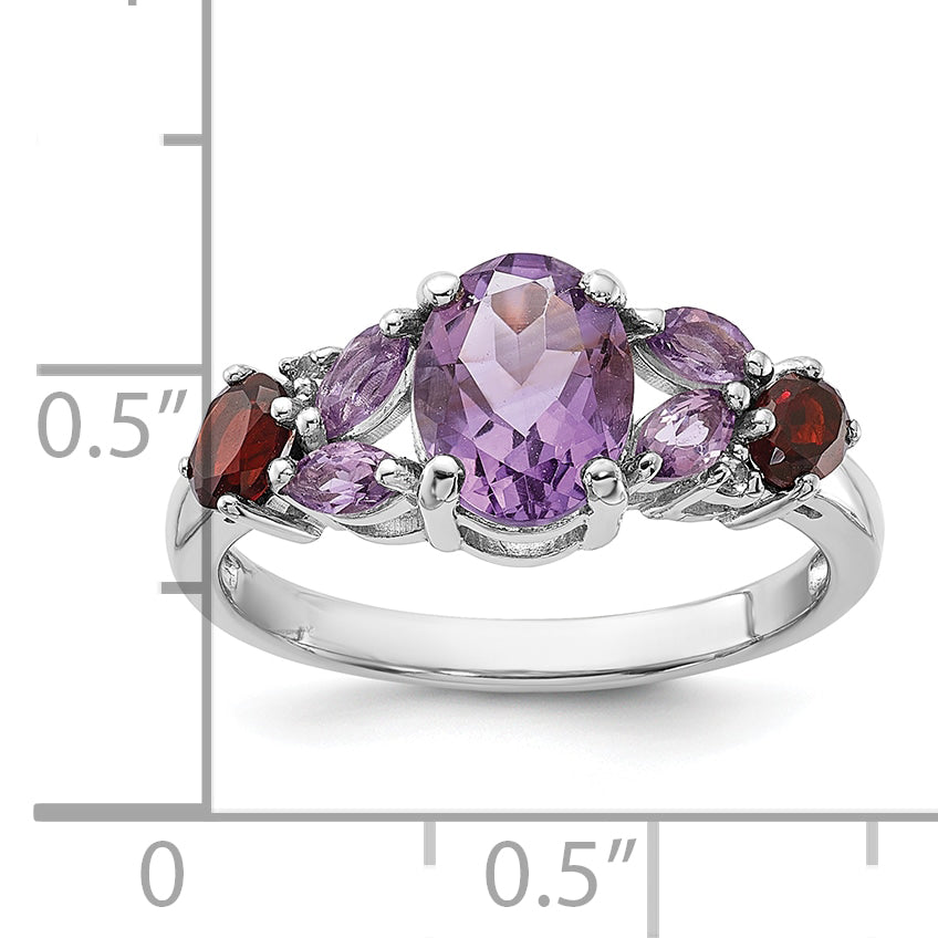 Sterling Silver Rh-plated Amethyst Pk Quartz Garnet and White Topaz Ring