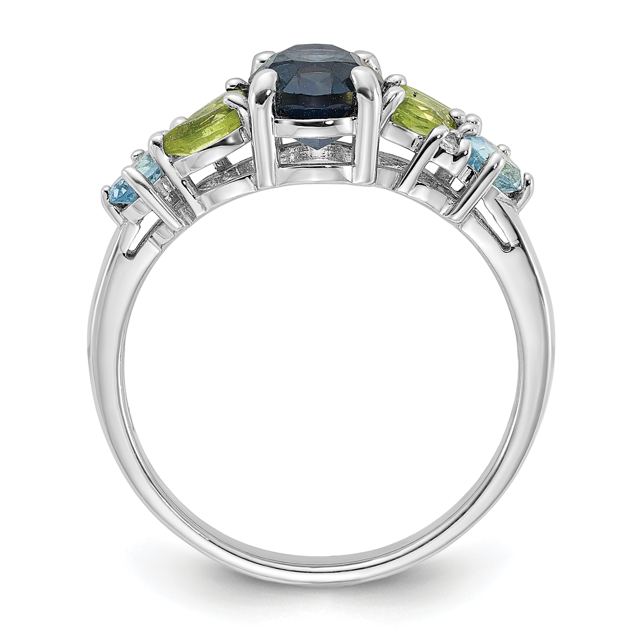 SS Rhodium London Lt.Swiss Blue/White Topaz and Peridot Ring