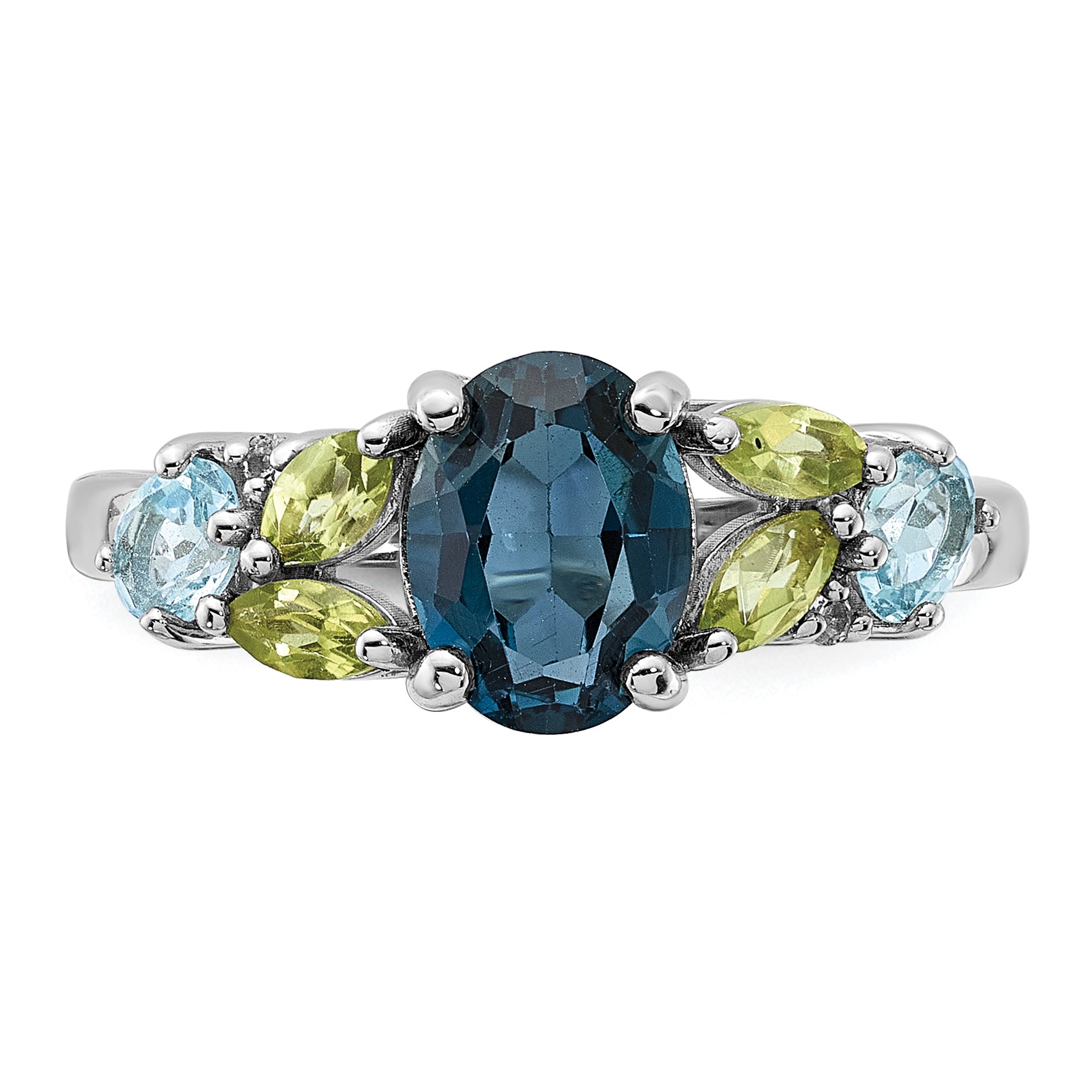 SS Rhodium London Lt.Swiss Blue/White Topaz and Peridot Ring