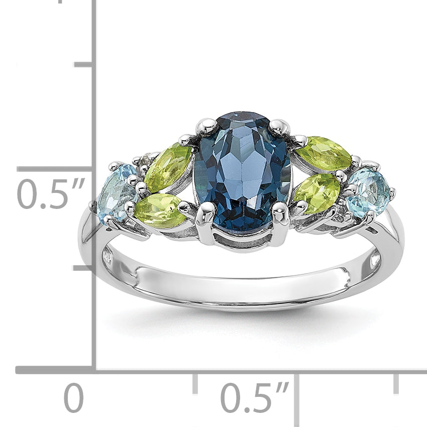 SS Rhodium London Lt.Swiss Blue/White Topaz and Peridot Ring