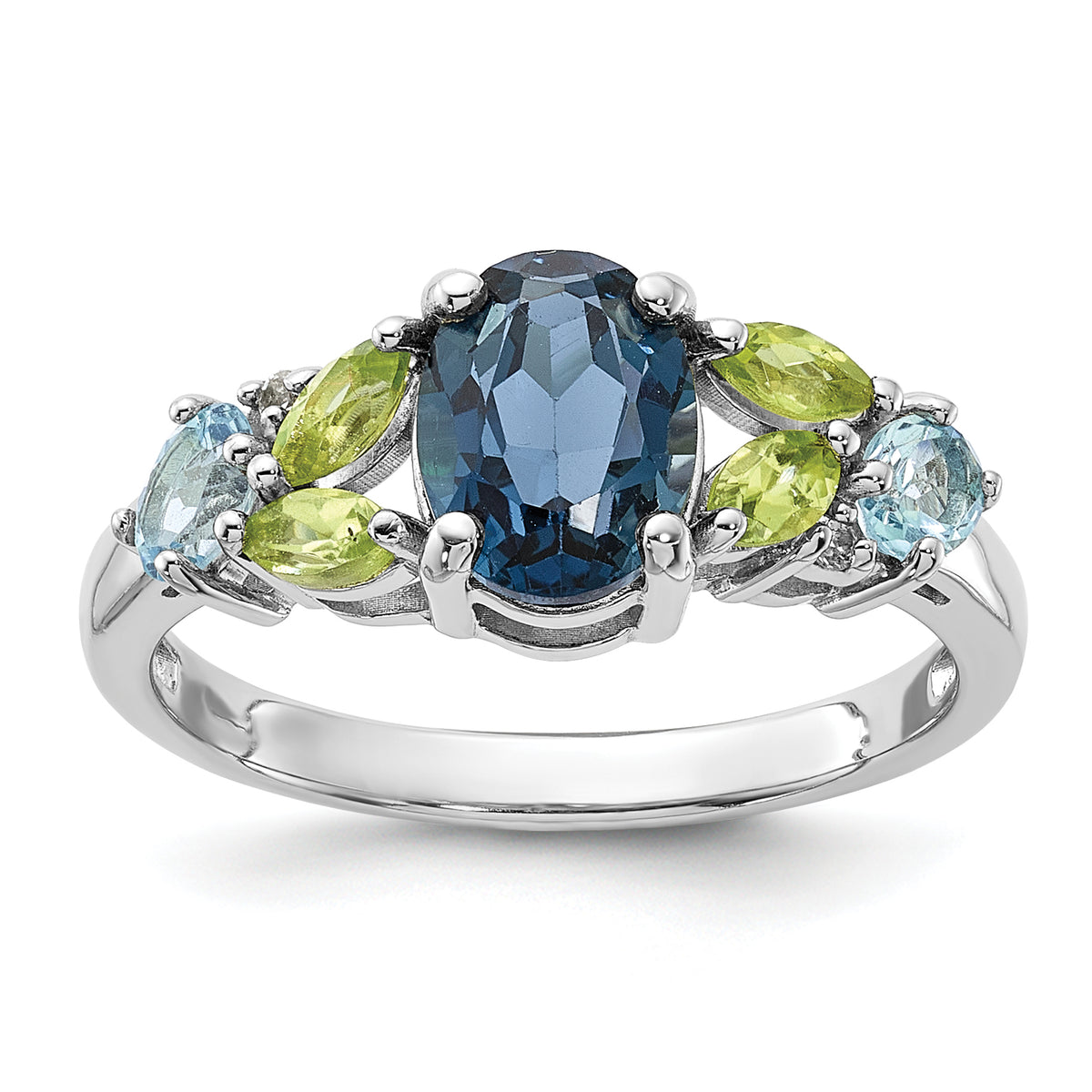 SS Rhodium London Lt.Swiss Blue/White Topaz and Peridot Ring