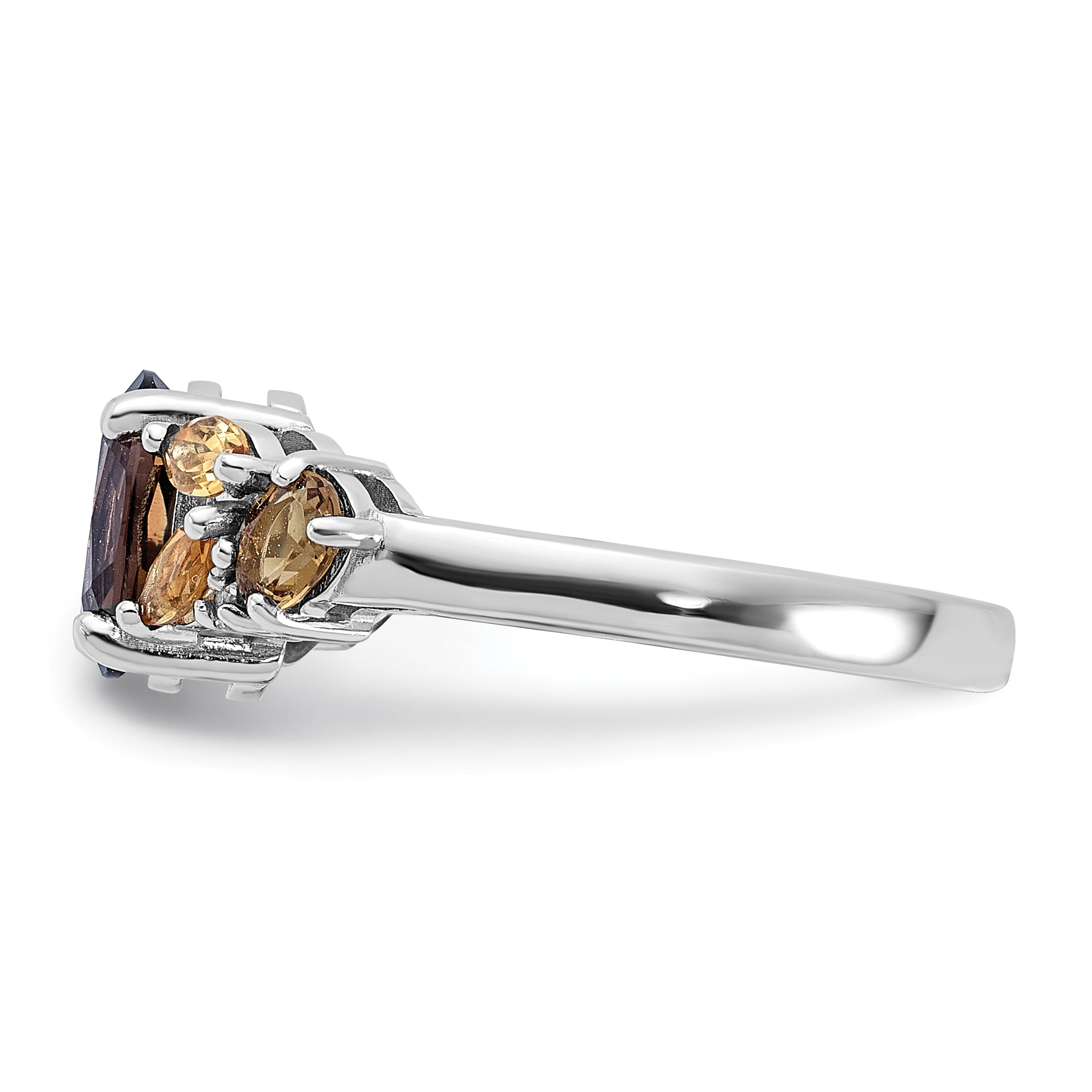 SS Rhodium Smoky and Whiskey Quartz Citrine White Topaz Ring