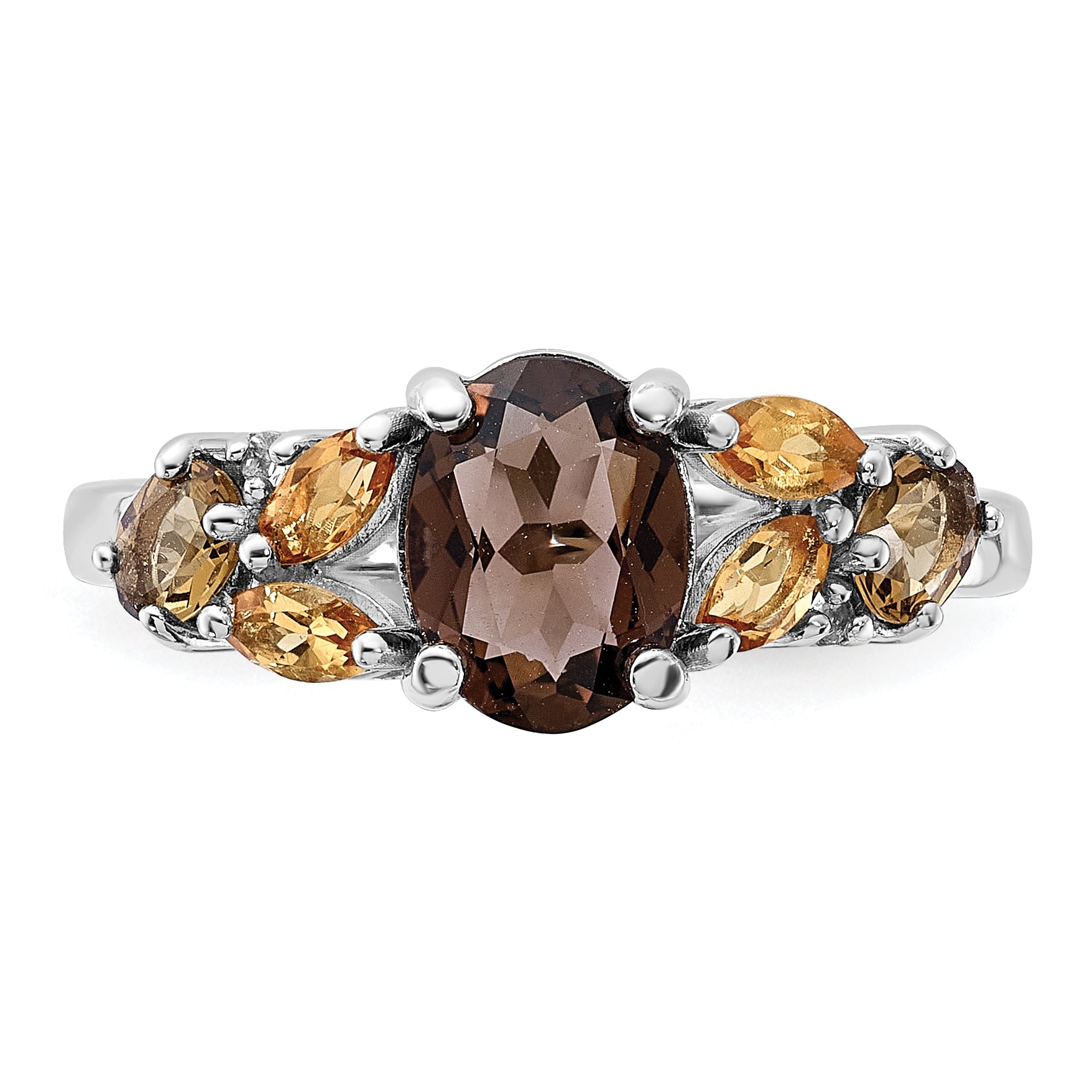 SS Rhodium Smoky and Whiskey Quartz Citrine White Topaz Ring