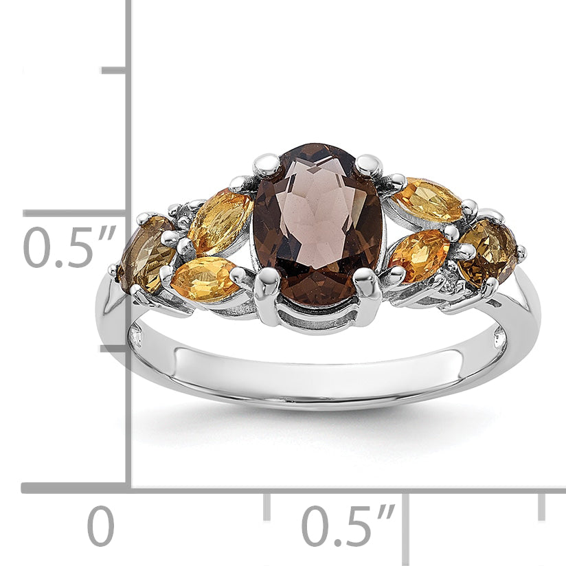 SS Rhodium Smoky and Whiskey Quartz Citrine White Topaz Ring