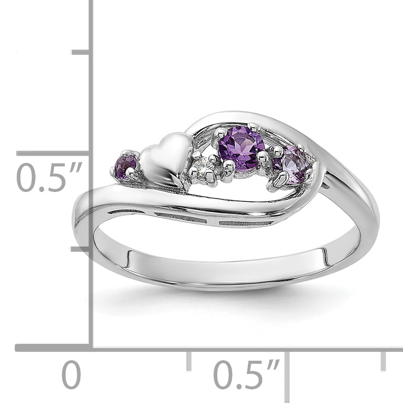 SS Rhodium-plated Amethyst Pink Quartz and CZ with Heart Ring