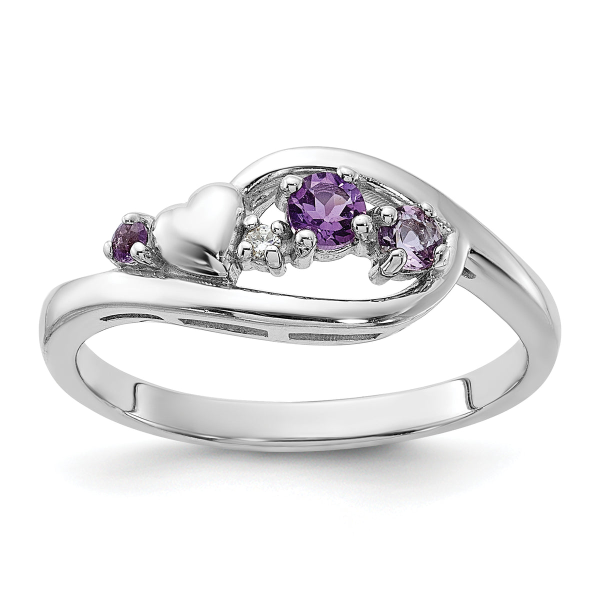 SS Rhodium-plated Amethyst Pink Quartz and CZ with Heart Ring
