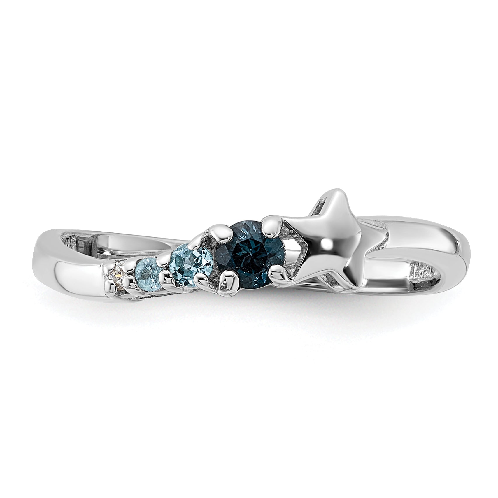 SS Rhodium London and Lt Swiss Blue Topaz and CZ Star Curve Ring