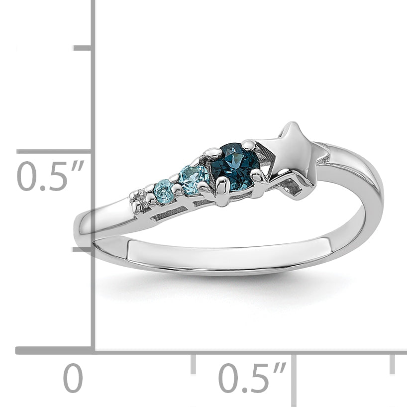 SS Rhodium London and Lt Swiss Blue Topaz and CZ Star Curve Ring