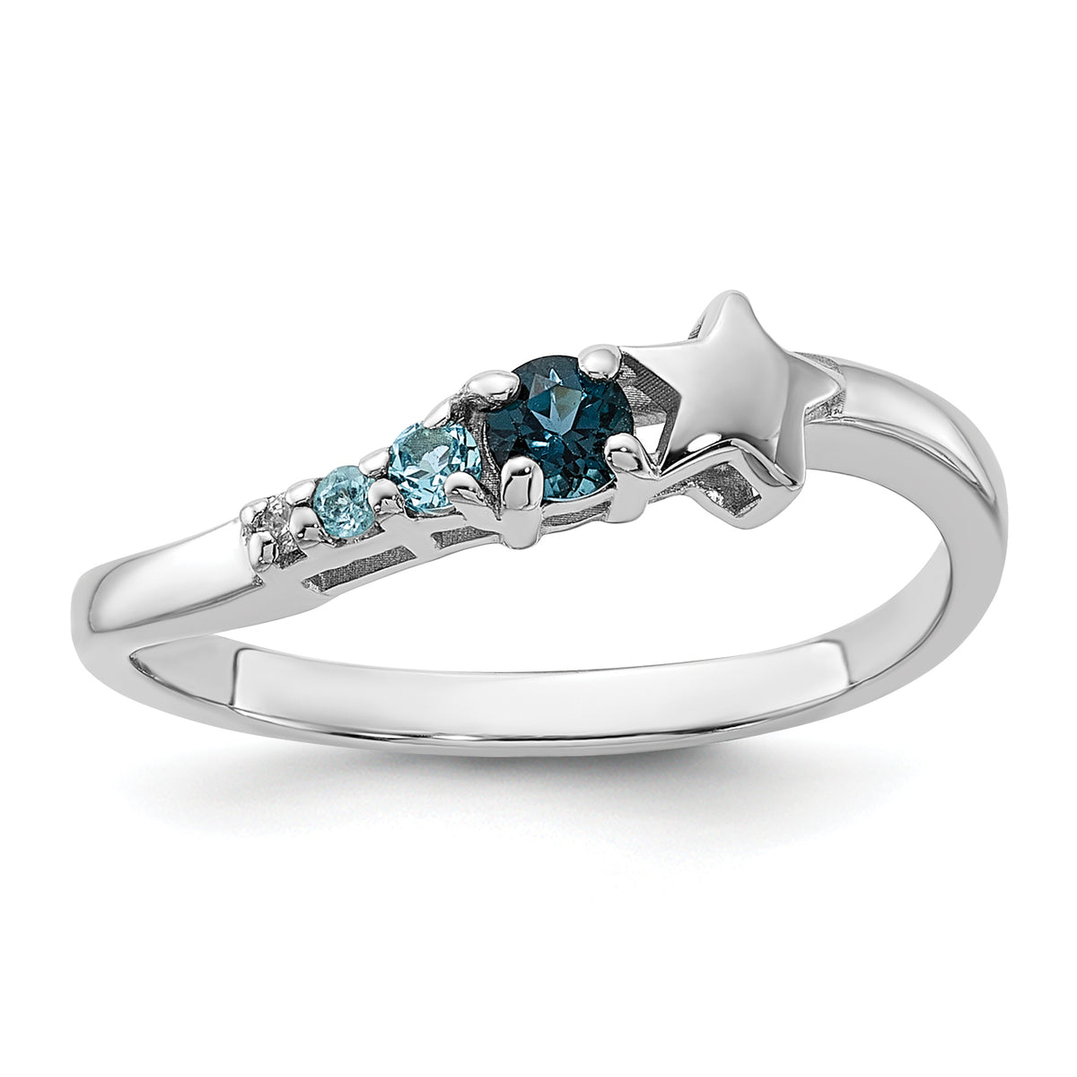 SS Rhodium London and Lt Swiss Blue Topaz and CZ Star Curve Ring