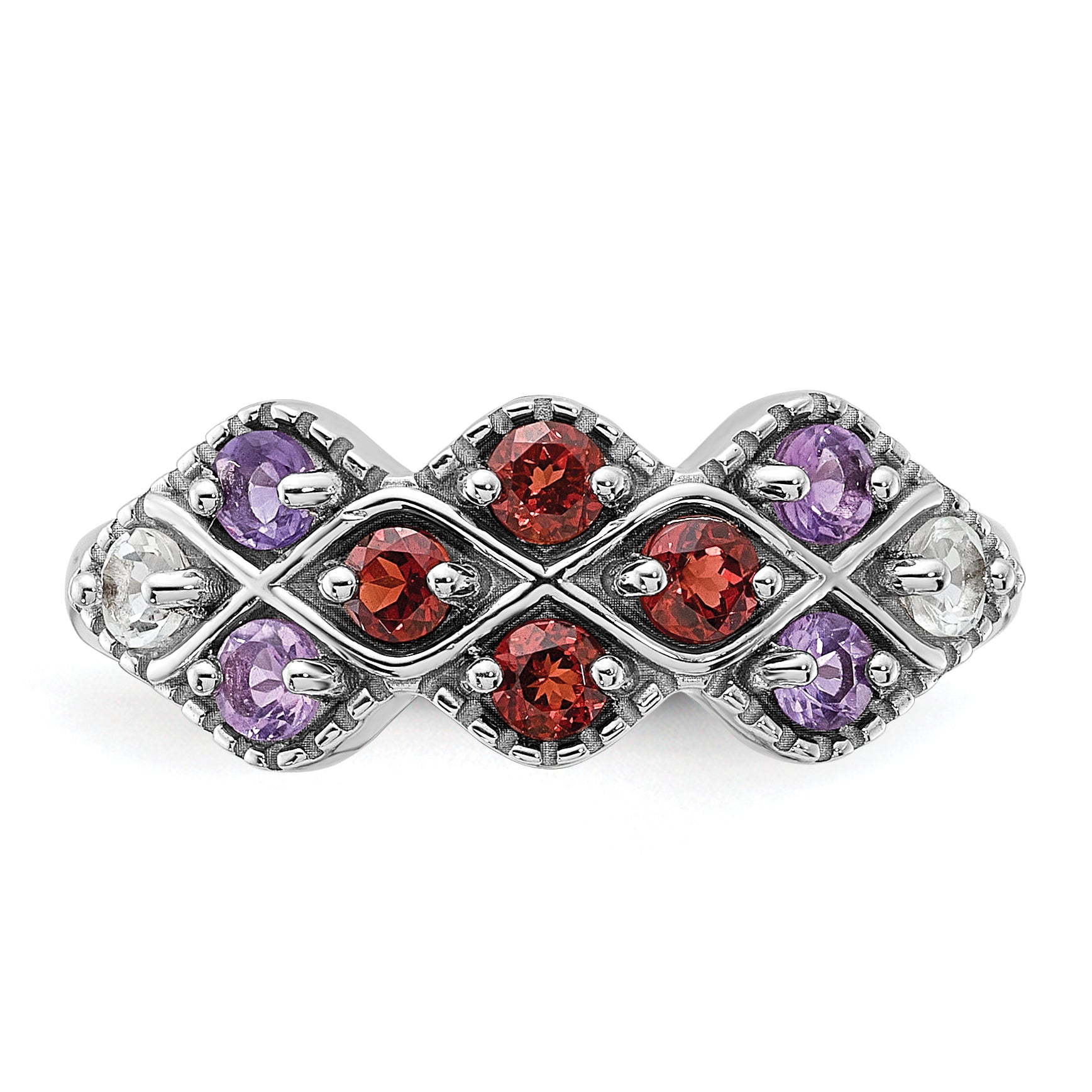 Sterling Silver Rhodium-plated Garnet Amethyst and White Topaz Ring