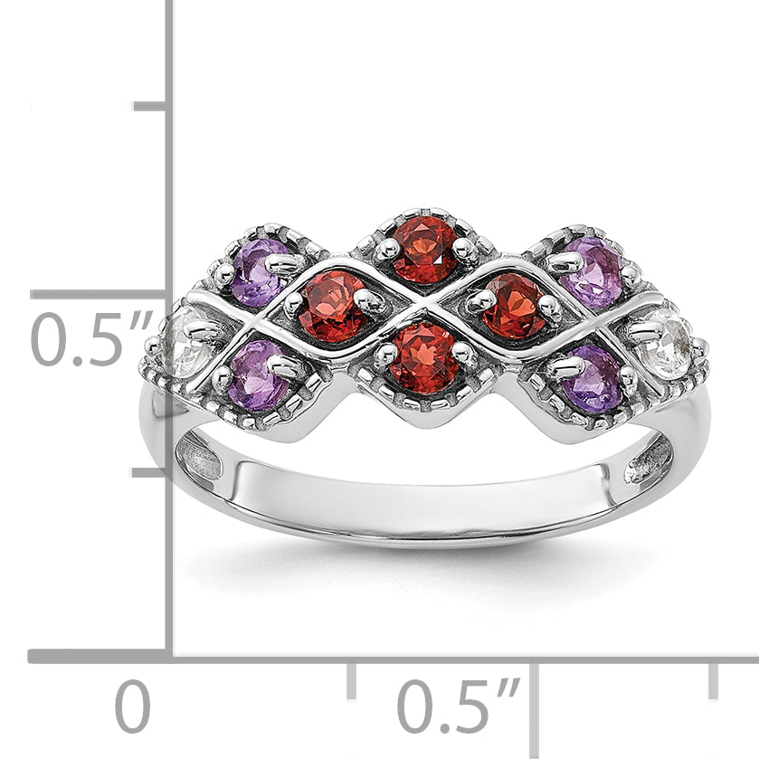 Sterling Silver Rhodium-plated Garnet Amethyst and White Topaz Ring