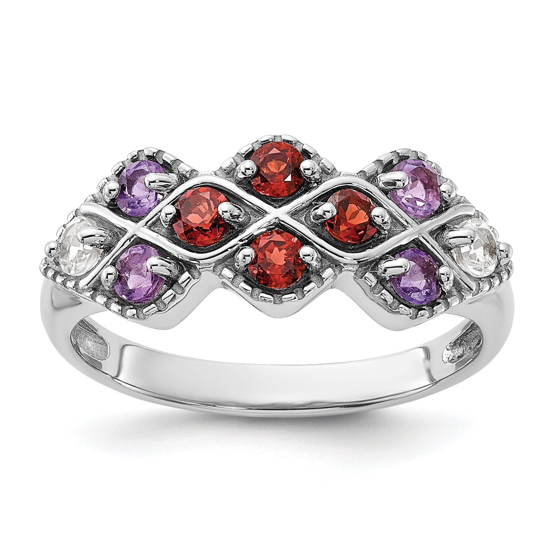 Sterling Silver Rhodium-plated Garnet Amethyst and White Topaz Ring