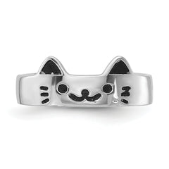 Sterling Silver Rhodium-plated Enameled Cat Adjustable Ring