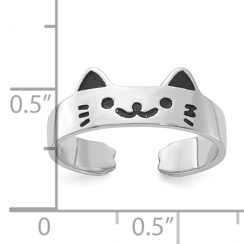 Sterling Silver Rhodium-plated Enameled Cat Adjustable Ring