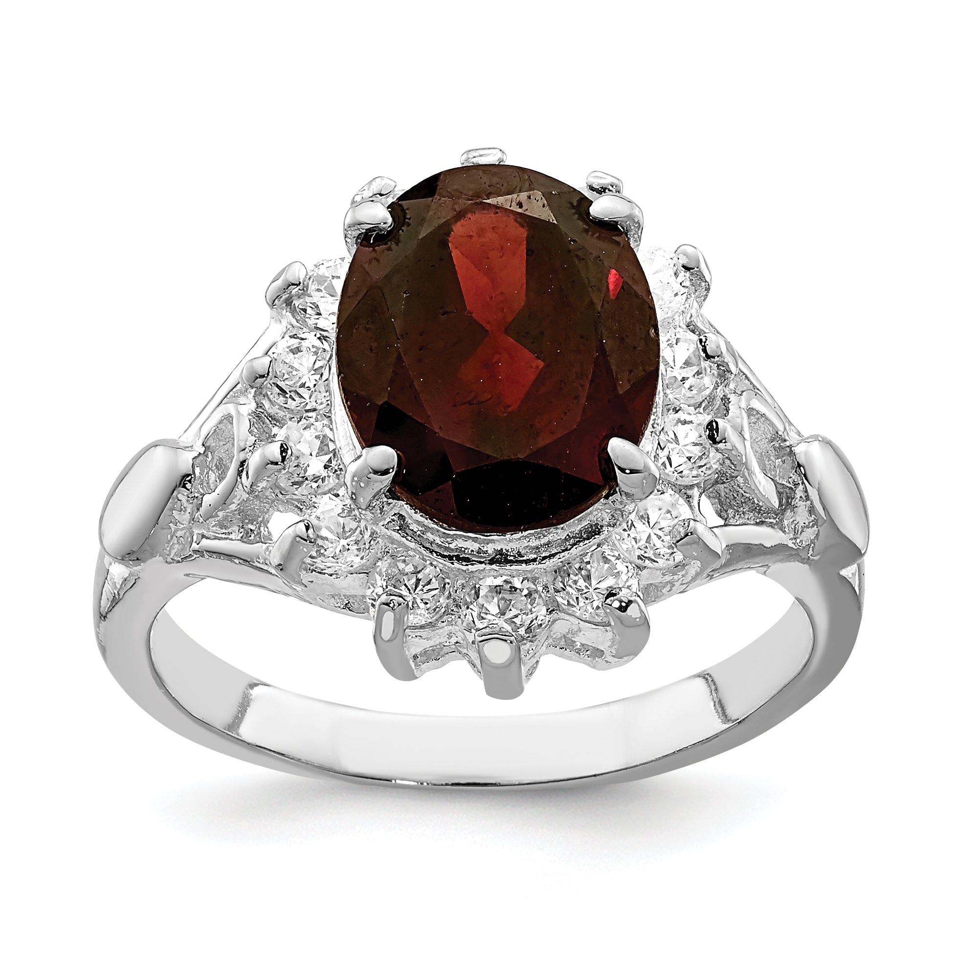 Sterling Silver Rhodium-plated Garnet & CZ Ring