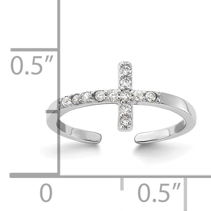 Sterling Silver Rhodium-plated CZ Sideways Cross Toe Ring