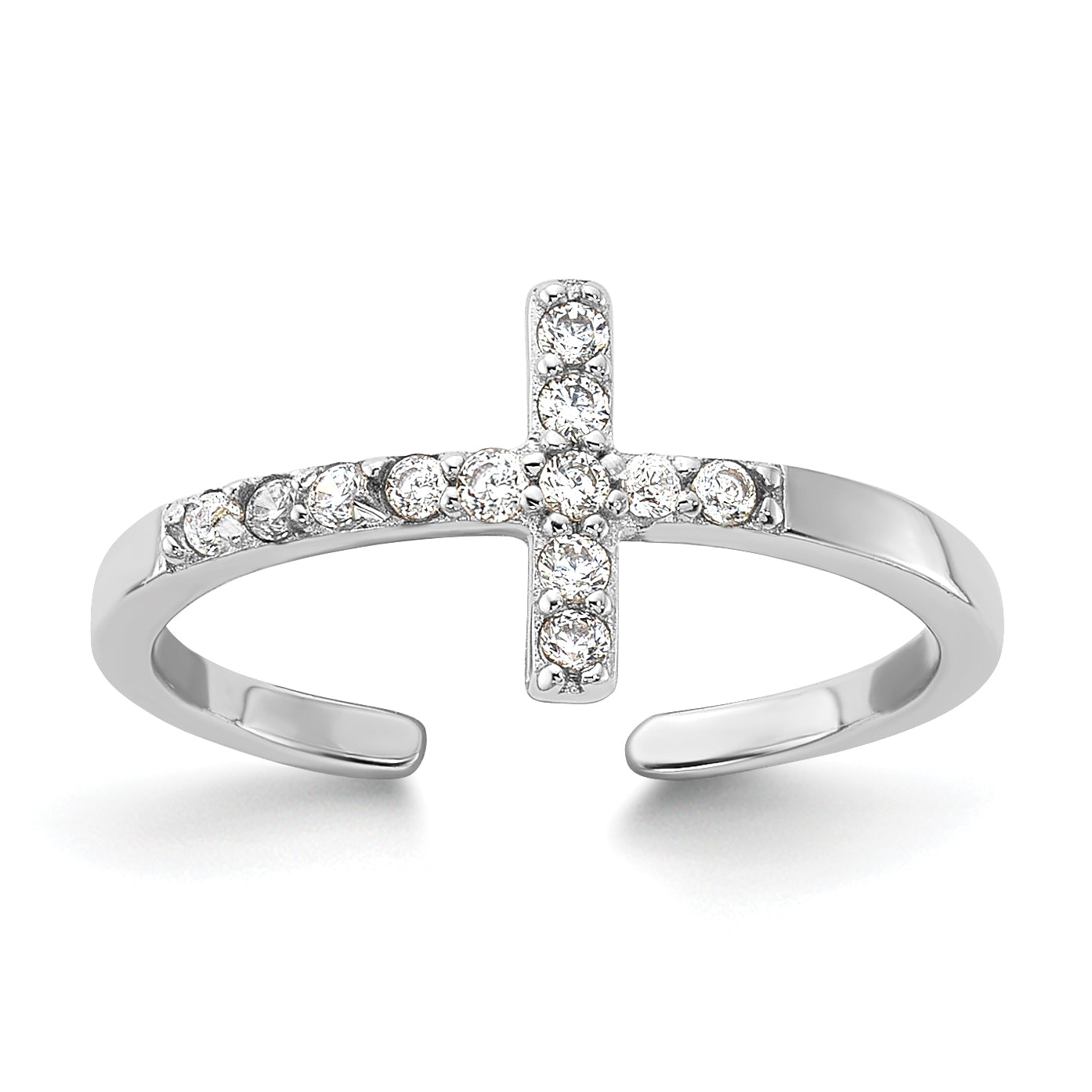 Sterling Silver Rhodium-plated CZ Sideways Cross Toe Ring