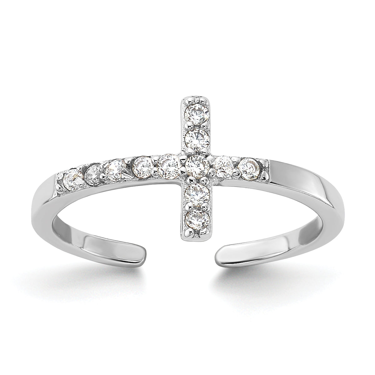 Sterling Silver Rhodium-plated CZ Sideways Cross Toe Ring