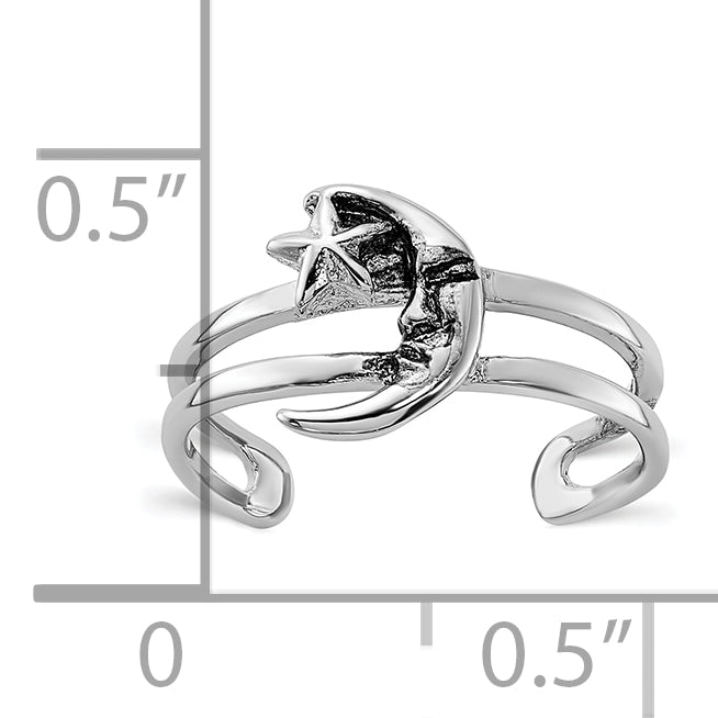 Sterling Silver Rhodium-plated Oxidized Moon and Star Toe Ring