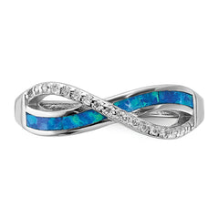 Sterling Silver RH-plated CZ and Blue Cr. Opal Inlay Infinity Symbol Ring