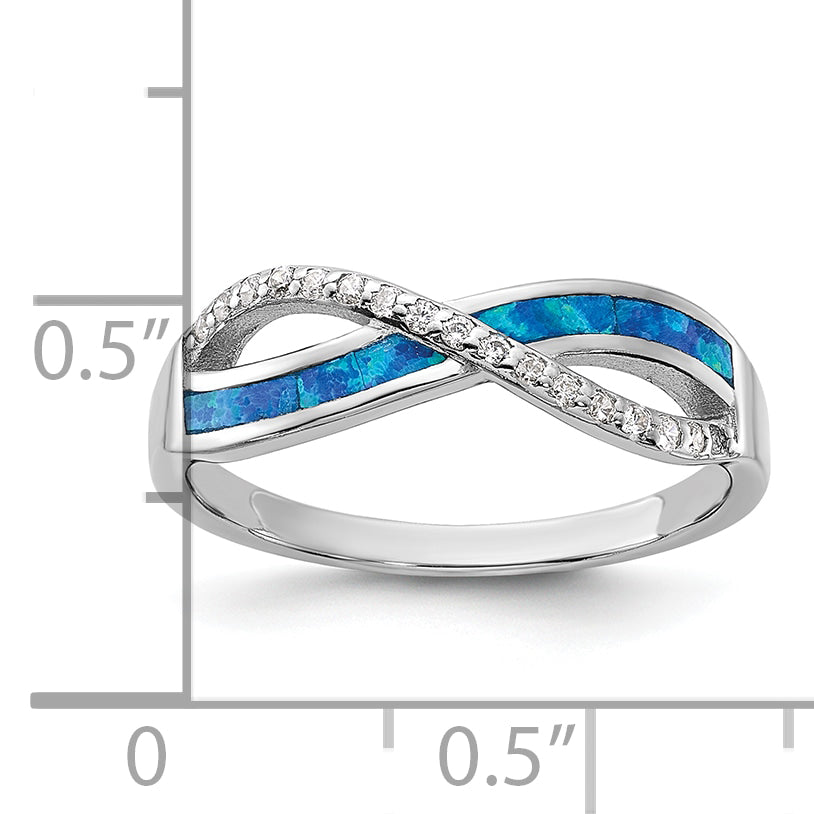 Sterling Silver RH-plated CZ and Blue Cr. Opal Inlay Infinity Symbol Ring