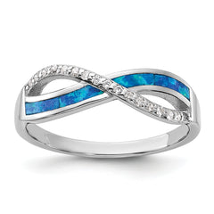 Sterling Silver RH-plated CZ and Blue Cr. Opal Inlay Infinity Symbol Ring