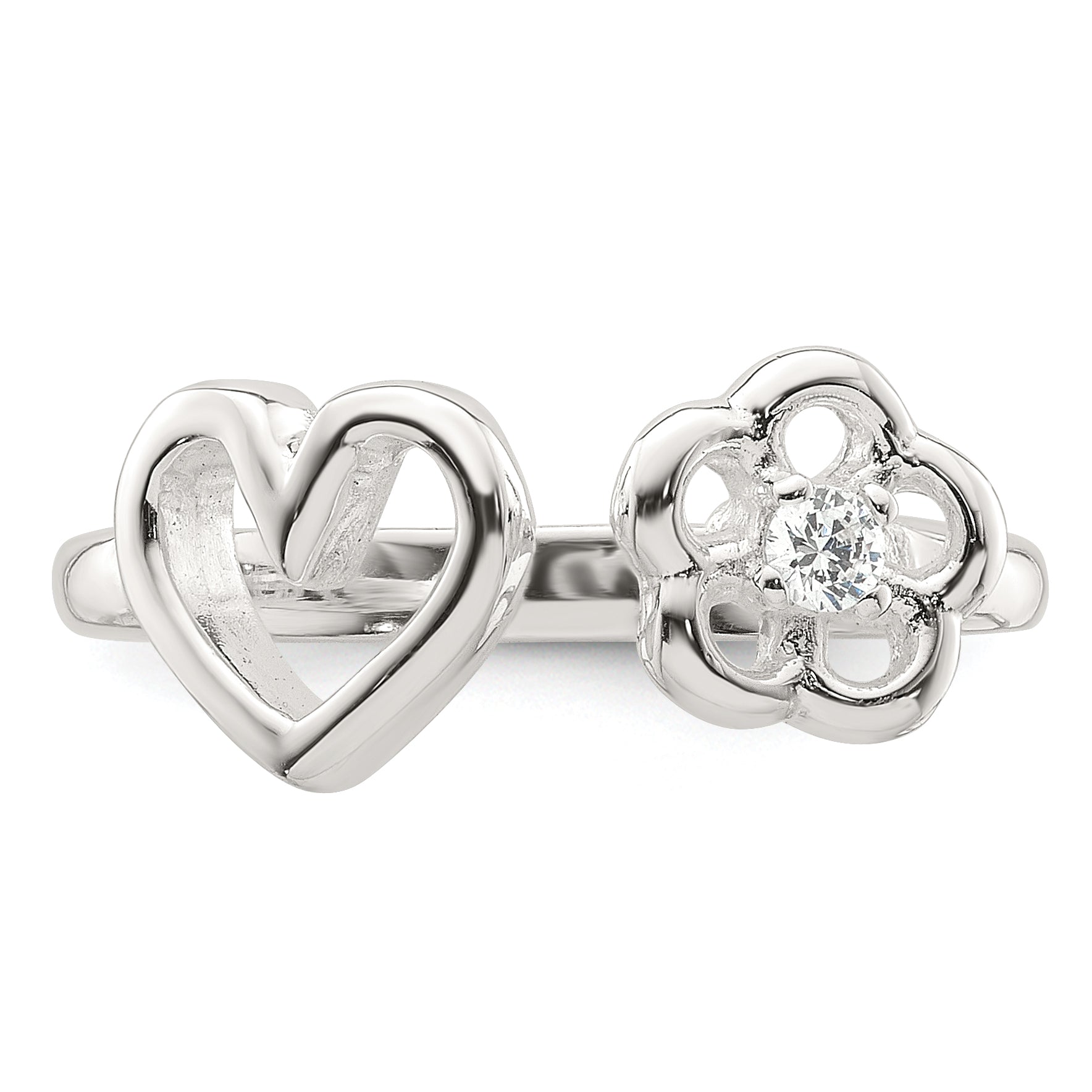 Sterling Silver Polished CZ Flower and Heart Open Ring